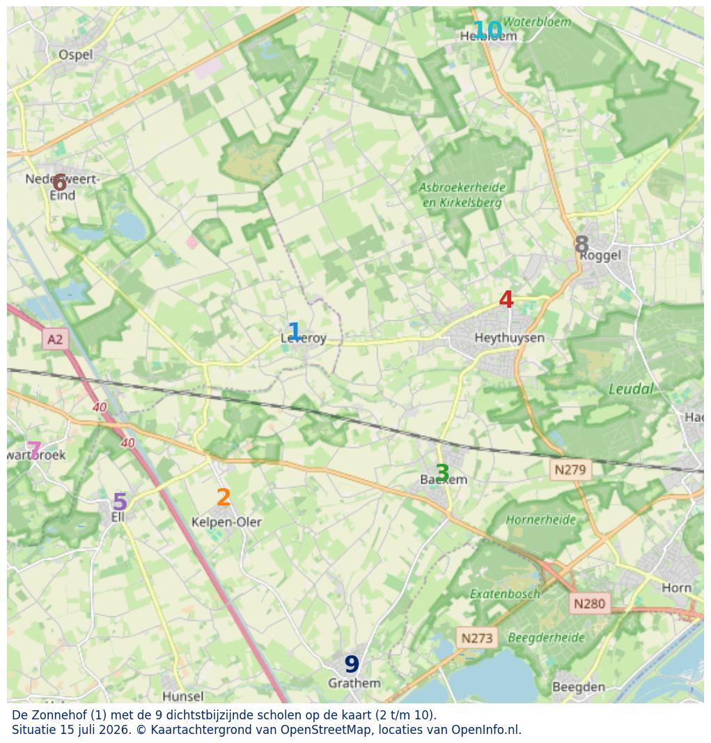 Kaart van de school met de tien dichtsbijzijnde scholen. Hierbij zijn de scholen genummerd van 1 tot en met 10. Nummer 1 is toegekend aan de schoolvestiging zelf: De Zonnehof.