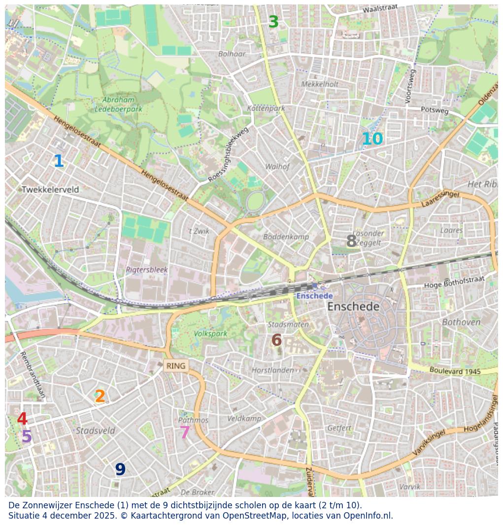 Kaart van de school met de tien dichtsbijzijnde scholen. Hierbij zijn de scholen genummerd van 1 tot en met 10. Nummer 1 is toegekend aan de schoolvestiging zelf: De Zonnewijzer Enschede.