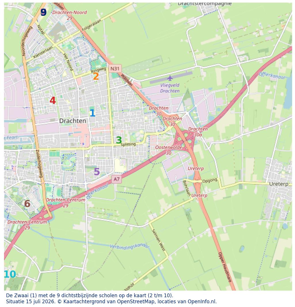 Kaart van de school met de tien dichtsbijzijnde scholen. Hierbij zijn de scholen genummerd van 1 tot en met 10. Nummer 1 is toegekend aan de schoolvestiging zelf: De Zwaai.