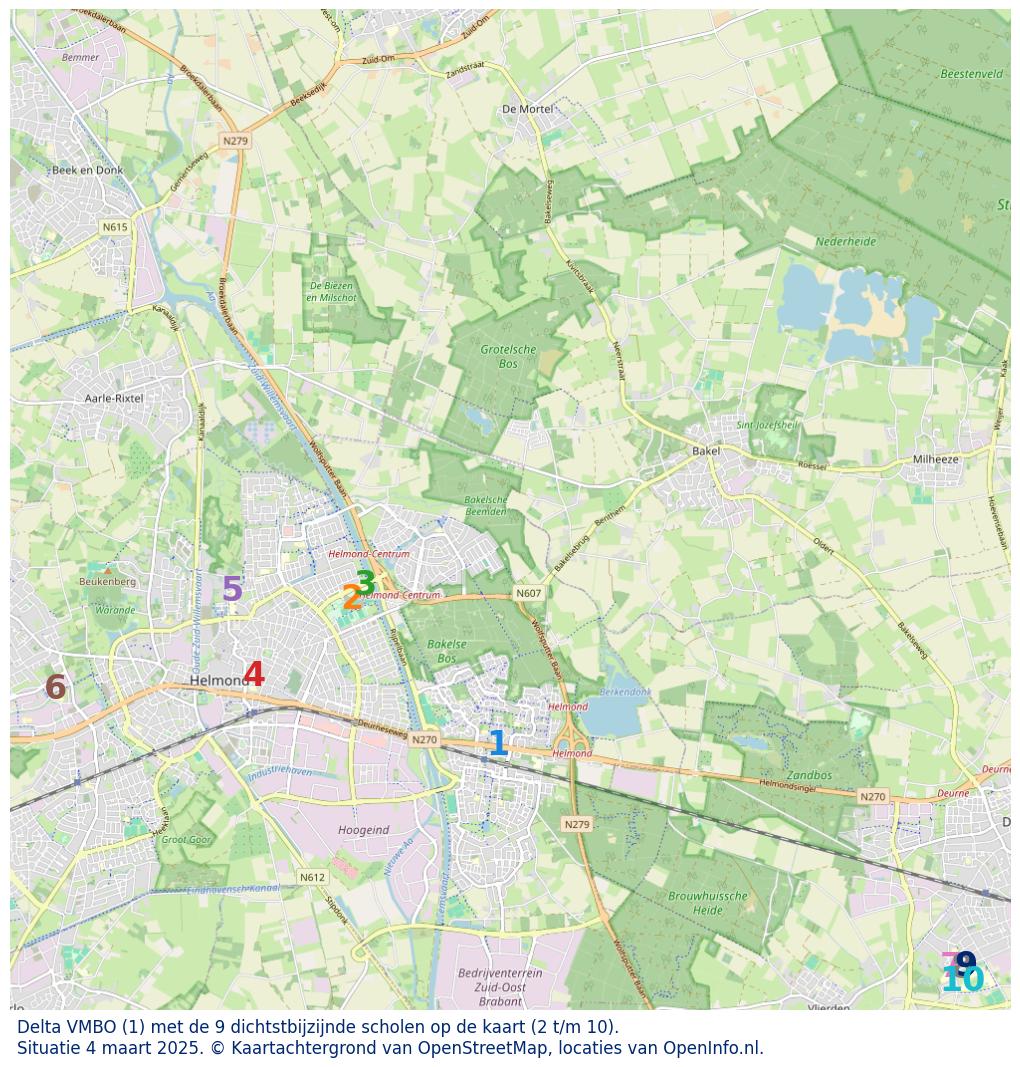Kaart van de school met de tien dichtsbijzijnde scholen. Hierbij zijn de scholen genummerd van 1 tot en met 10. Nummer 1 is toegekend aan de schoolvestiging zelf: Delta VMBO.
