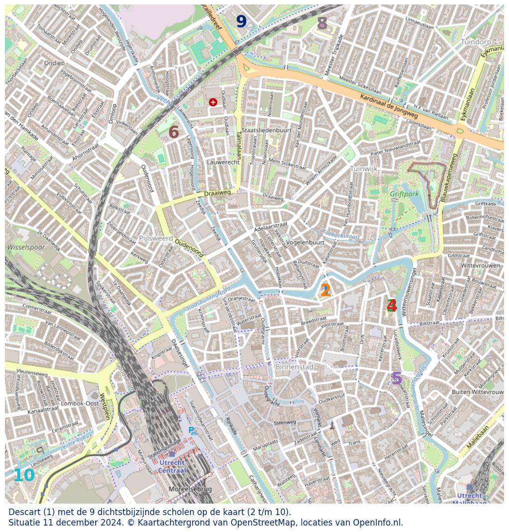 Kaart van de school met de tien dichtsbijzijnde scholen. Hierbij zijn de scholen genummerd van 1 tot en met 10. Nummer 1 is toegekend aan de schoolvestiging zelf: Descart.