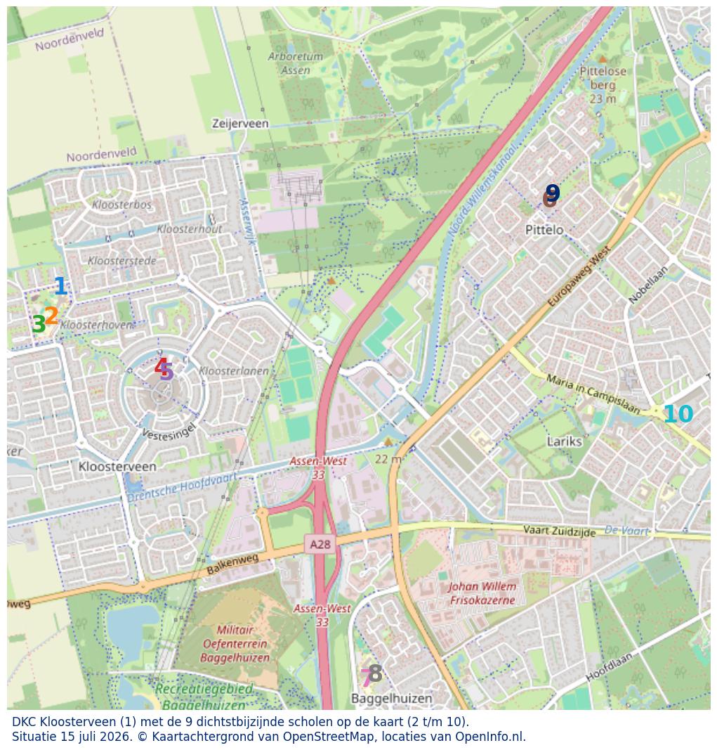 Kaart van de school met de tien dichtsbijzijnde scholen. Hierbij zijn de scholen genummerd van 1 tot en met 10. Nummer 1 is toegekend aan de schoolvestiging zelf: DKC Kloosterveen.