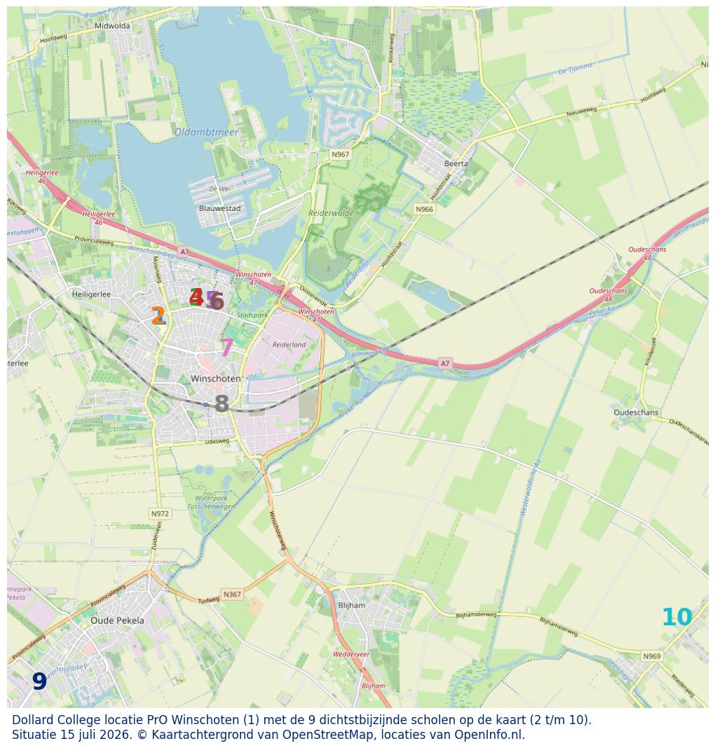 Kaart van de school met de tien dichtsbijzijnde scholen. Hierbij zijn de scholen genummerd van 1 tot en met 10. Nummer 1 is toegekend aan de schoolvestiging zelf: Dollard College locatie PrO Winschoten.