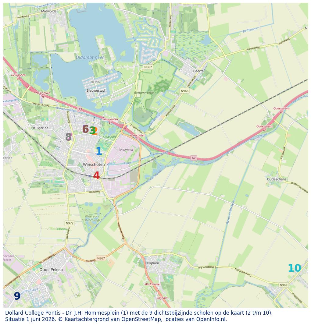 Kaart van de school met de tien dichtsbijzijnde scholen. Hierbij zijn de scholen genummerd van 1 tot en met 10. Nummer 1 is toegekend aan de schoolvestiging zelf: Dollard College Pontis - Dr. J.H. Hommesplein.
