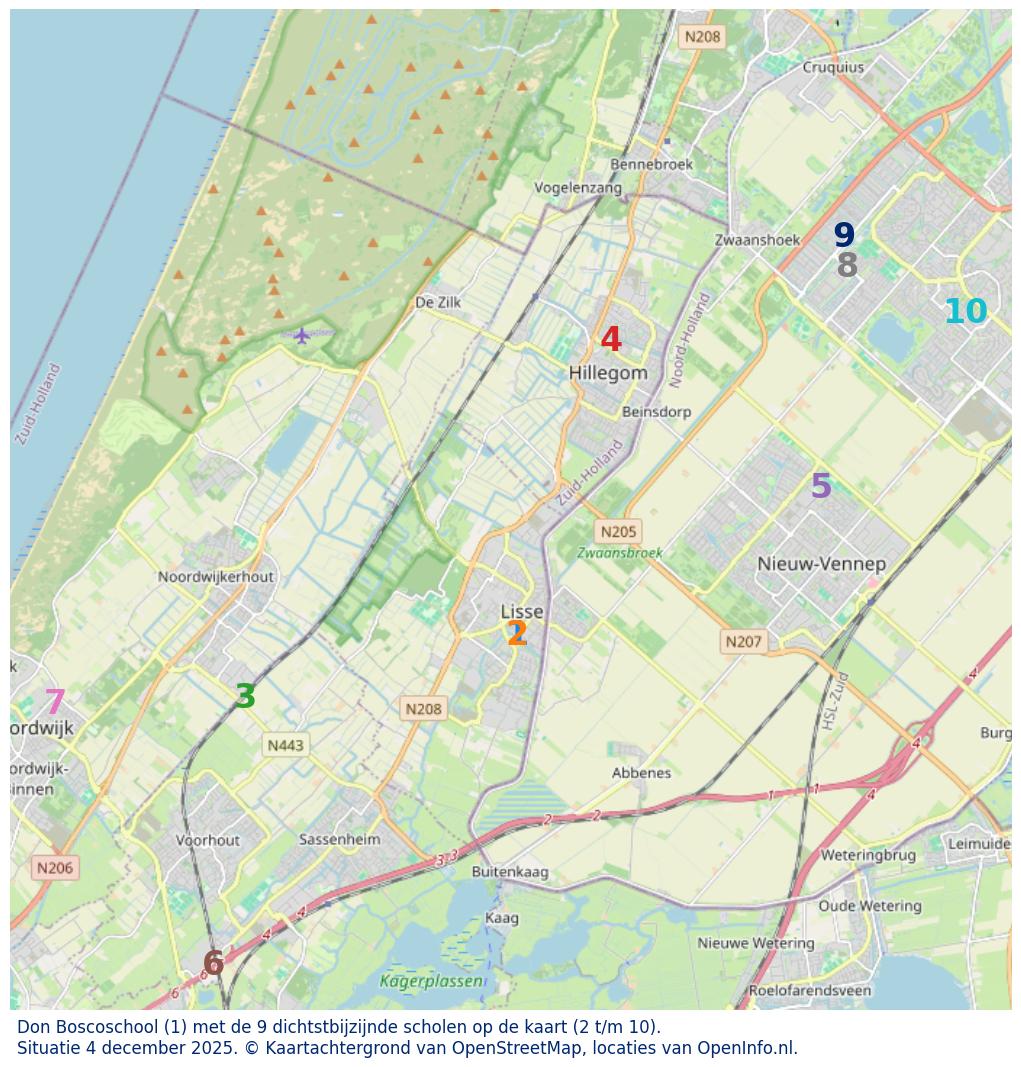 Kaart van de school met de tien dichtsbijzijnde scholen. Hierbij zijn de scholen genummerd van 1 tot en met 10. Nummer 1 is toegekend aan de schoolvestiging zelf: Don Boscoschool.