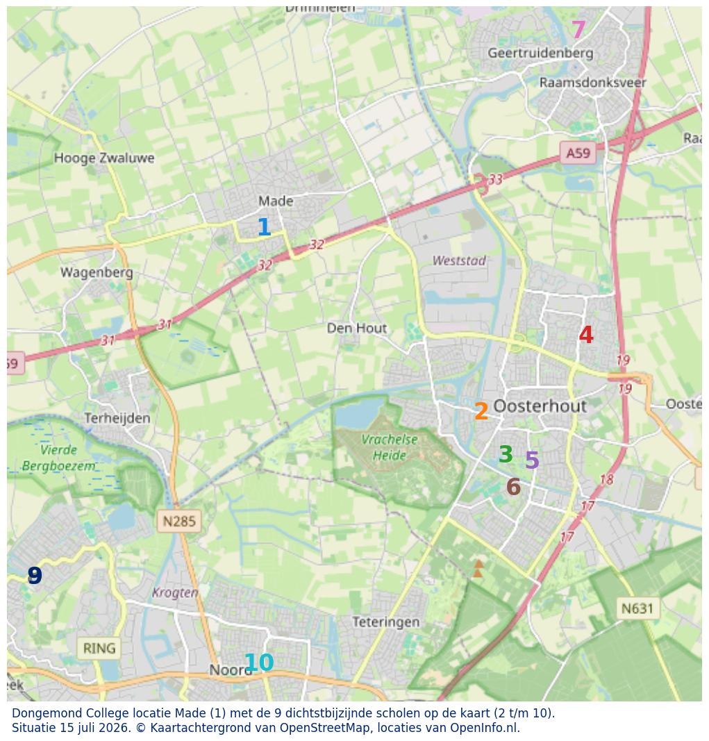 Kaart van de school met de tien dichtsbijzijnde scholen. Hierbij zijn de scholen genummerd van 1 tot en met 10. Nummer 1 is toegekend aan de schoolvestiging zelf: Dongemond College locatie Made.
