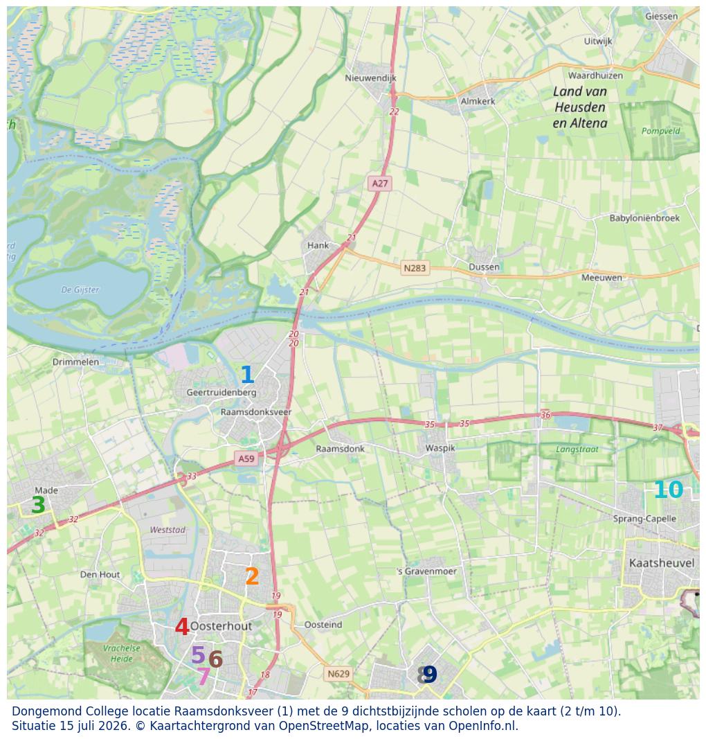 Kaart van de school met de tien dichtsbijzijnde scholen. Hierbij zijn de scholen genummerd van 1 tot en met 10. Nummer 1 is toegekend aan de schoolvestiging zelf: Dongemond College locatie Raamsdonksveer.