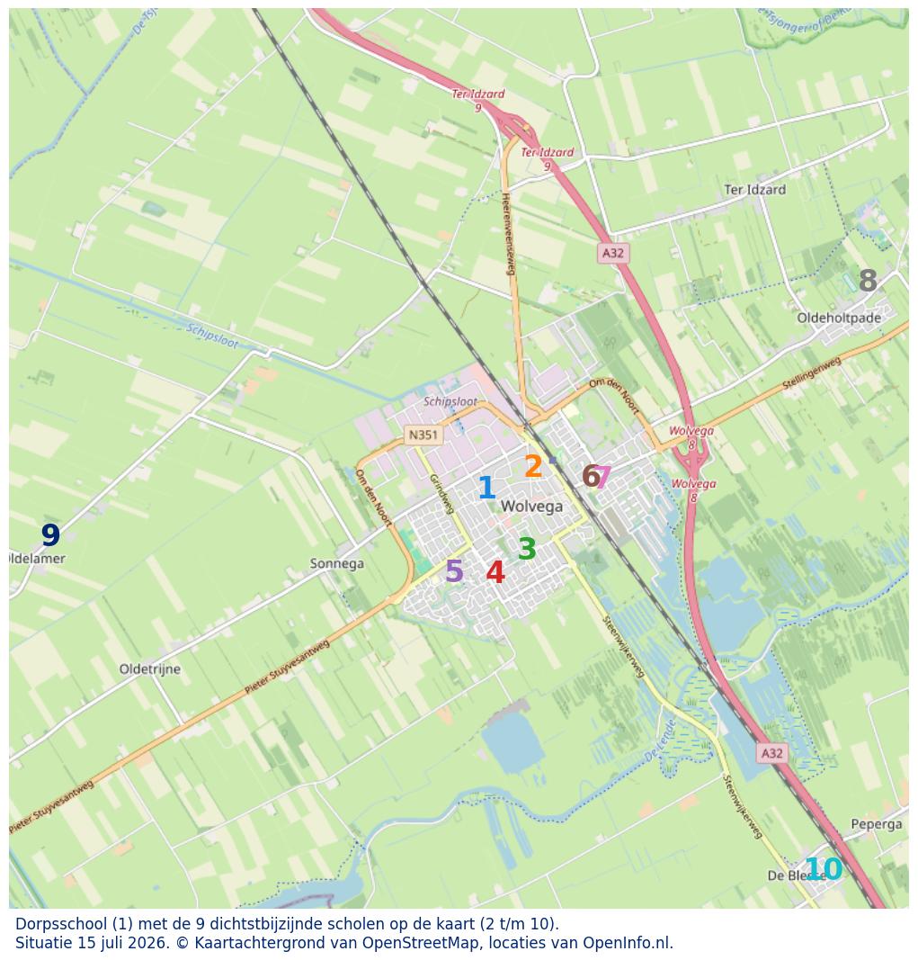 Kaart van de school met de tien dichtsbijzijnde scholen. Hierbij zijn de scholen genummerd van 1 tot en met 10. Nummer 1 is toegekend aan de schoolvestiging zelf: Dorpsschool.