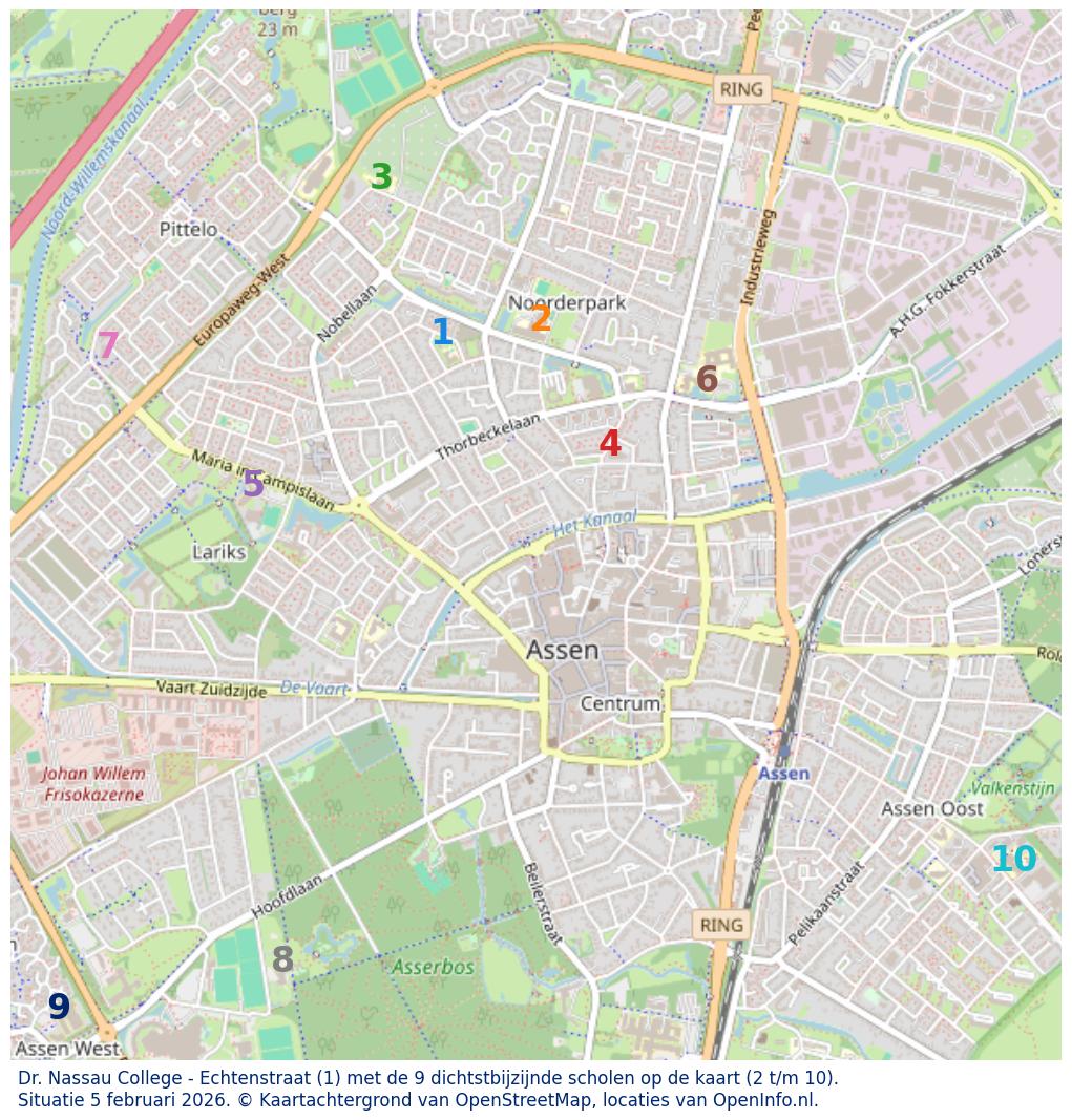 Kaart van de school met de tien dichtsbijzijnde scholen. Hierbij zijn de scholen genummerd van 1 tot en met 10. Nummer 1 is toegekend aan de schoolvestiging zelf: Dr. Nassau College - Echtenstraat.