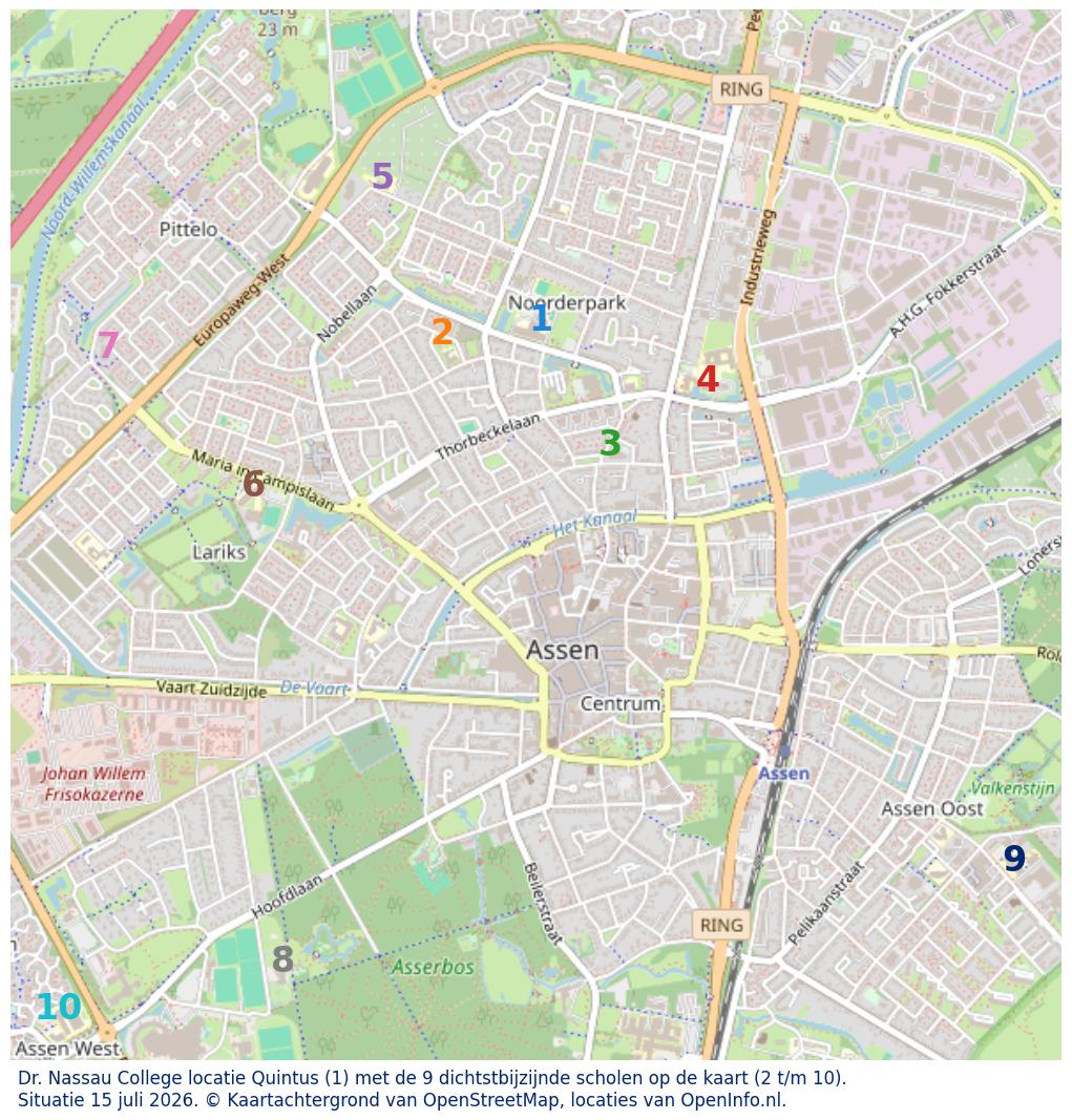 Kaart van de school met de tien dichtsbijzijnde scholen. Hierbij zijn de scholen genummerd van 1 tot en met 10. Nummer 1 is toegekend aan de schoolvestiging zelf: Dr. Nassau College locatie Quintus.