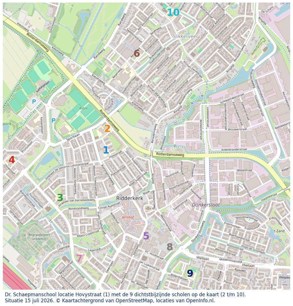 Kaart van de school met de tien dichtsbijzijnde scholen. Hierbij zijn de scholen genummerd van 1 tot en met 10. Nummer 1 is toegekend aan de schoolvestiging zelf: Dr. Schaepmanschool locatie Hovystraat.