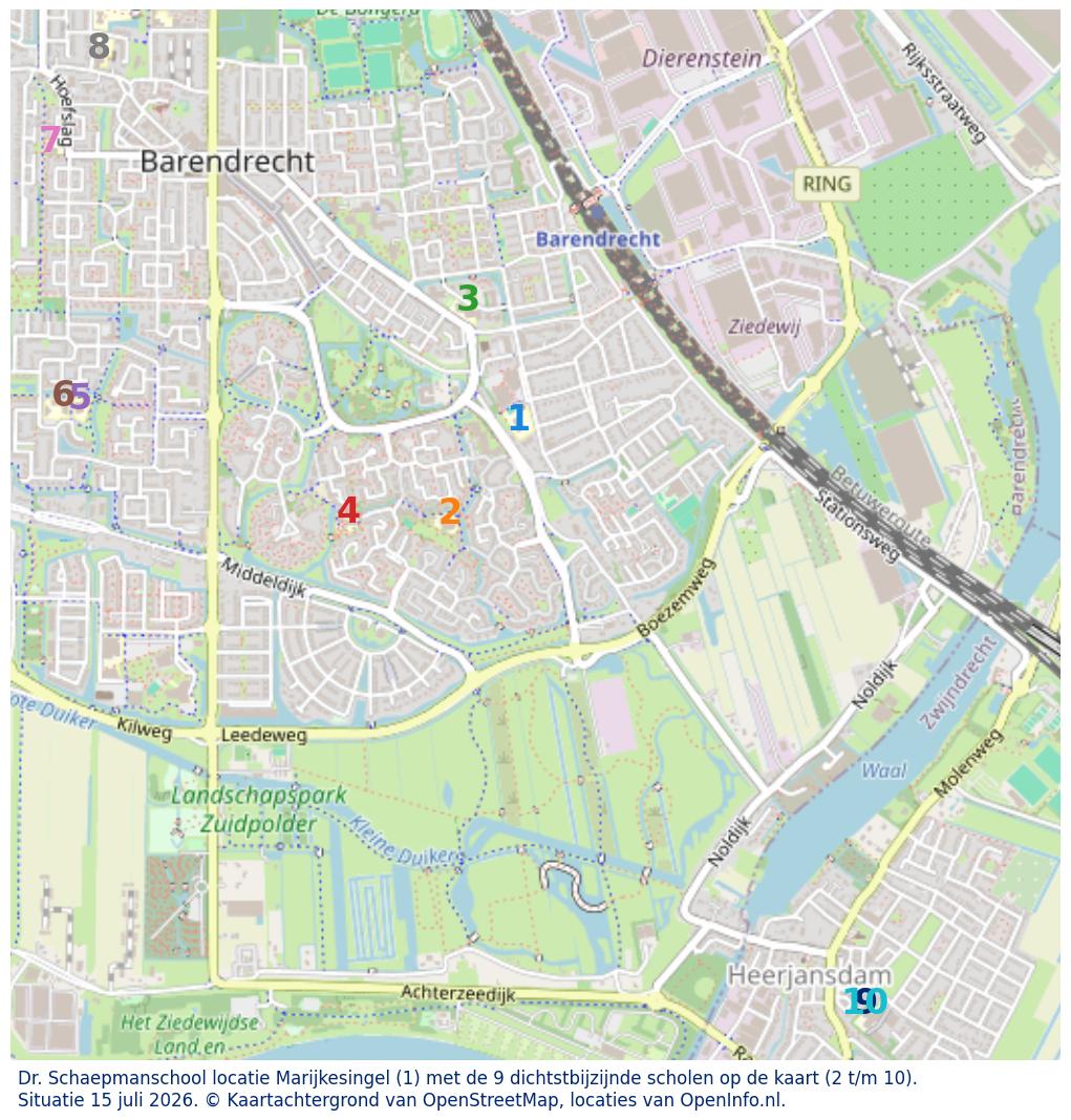 Kaart van de school met de tien dichtsbijzijnde scholen. Hierbij zijn de scholen genummerd van 1 tot en met 10. Nummer 1 is toegekend aan de schoolvestiging zelf: Dr. Schaepmanschool locatie Marijkesingel.