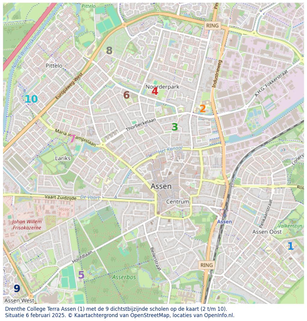 Kaart van de school met de tien dichtsbijzijnde scholen. Hierbij zijn de scholen genummerd van 1 tot en met 10. Nummer 1 is toegekend aan de schoolvestiging zelf: Drenthe College Terra Assen.