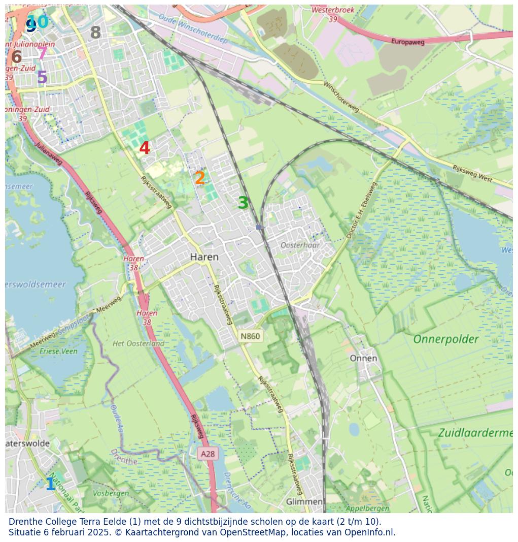 Kaart van de school met de tien dichtsbijzijnde scholen. Hierbij zijn de scholen genummerd van 1 tot en met 10. Nummer 1 is toegekend aan de schoolvestiging zelf: Drenthe College Terra Eelde.