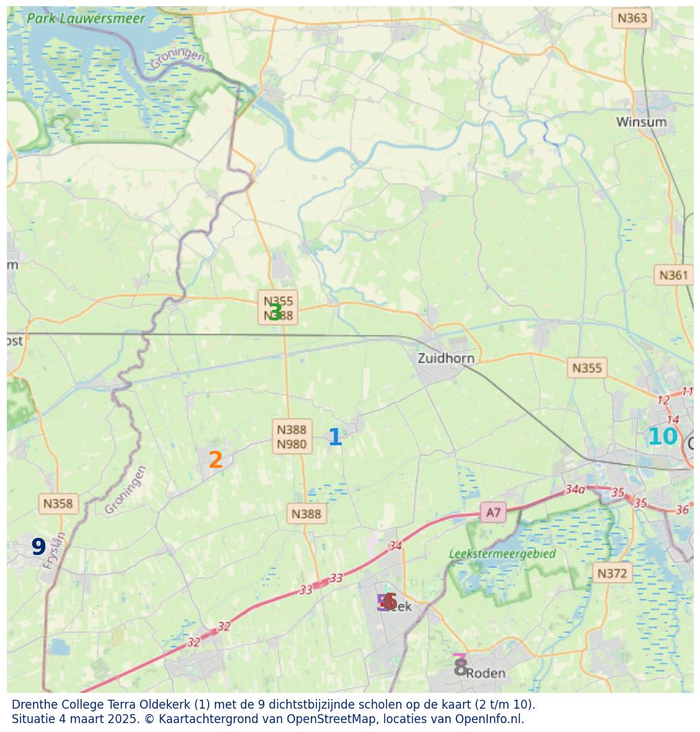 Kaart van de school met de tien dichtsbijzijnde scholen. Hierbij zijn de scholen genummerd van 1 tot en met 10. Nummer 1 is toegekend aan de schoolvestiging zelf: Drenthe College Terra Oldekerk.