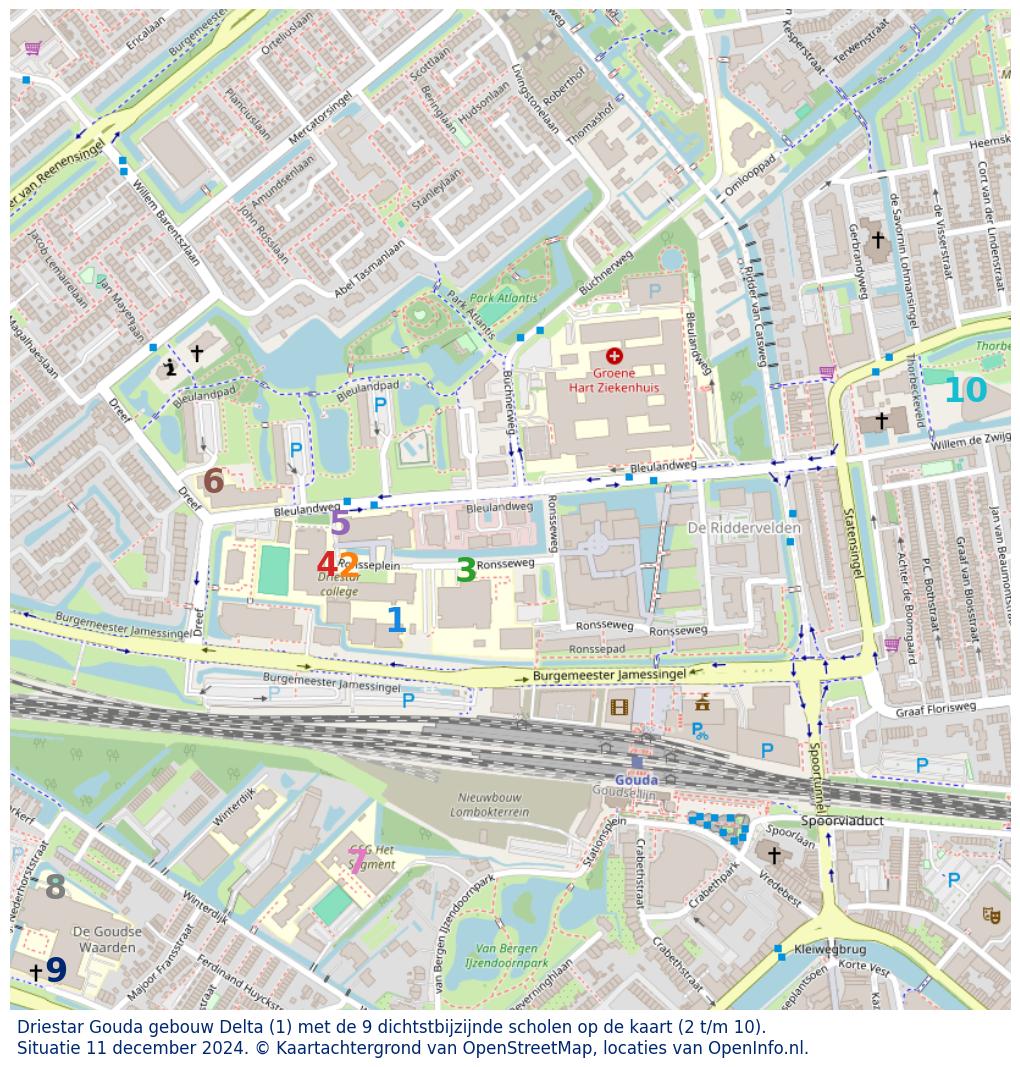 Kaart van de school met de tien dichtsbijzijnde scholen. Hierbij zijn de scholen genummerd van 1 tot en met 10. Nummer 1 is toegekend aan de schoolvestiging zelf: Driestar Gouda gebouw Delta.