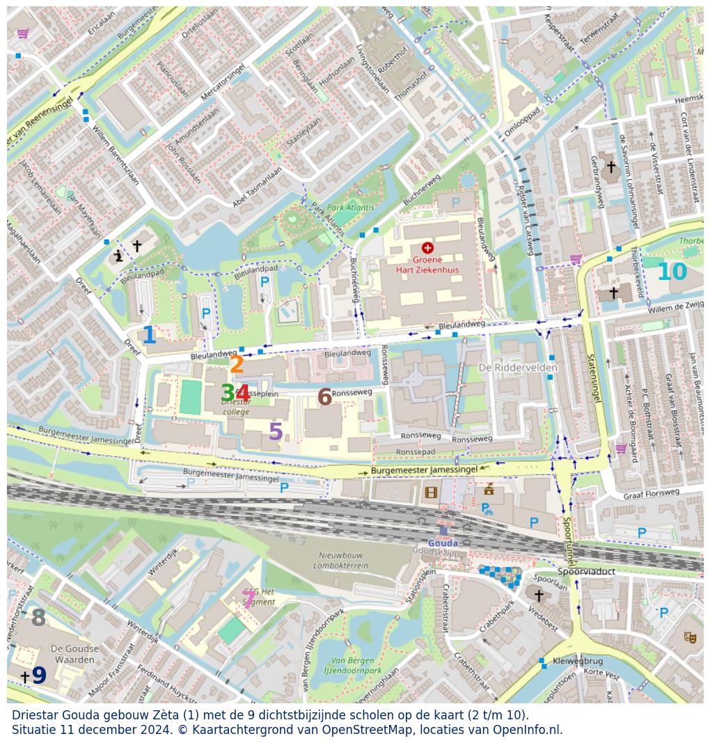 Kaart van de school met de tien dichtsbijzijnde scholen. Hierbij zijn de scholen genummerd van 1 tot en met 10. Nummer 1 is toegekend aan de schoolvestiging zelf: Driestar Gouda gebouw Zèta.