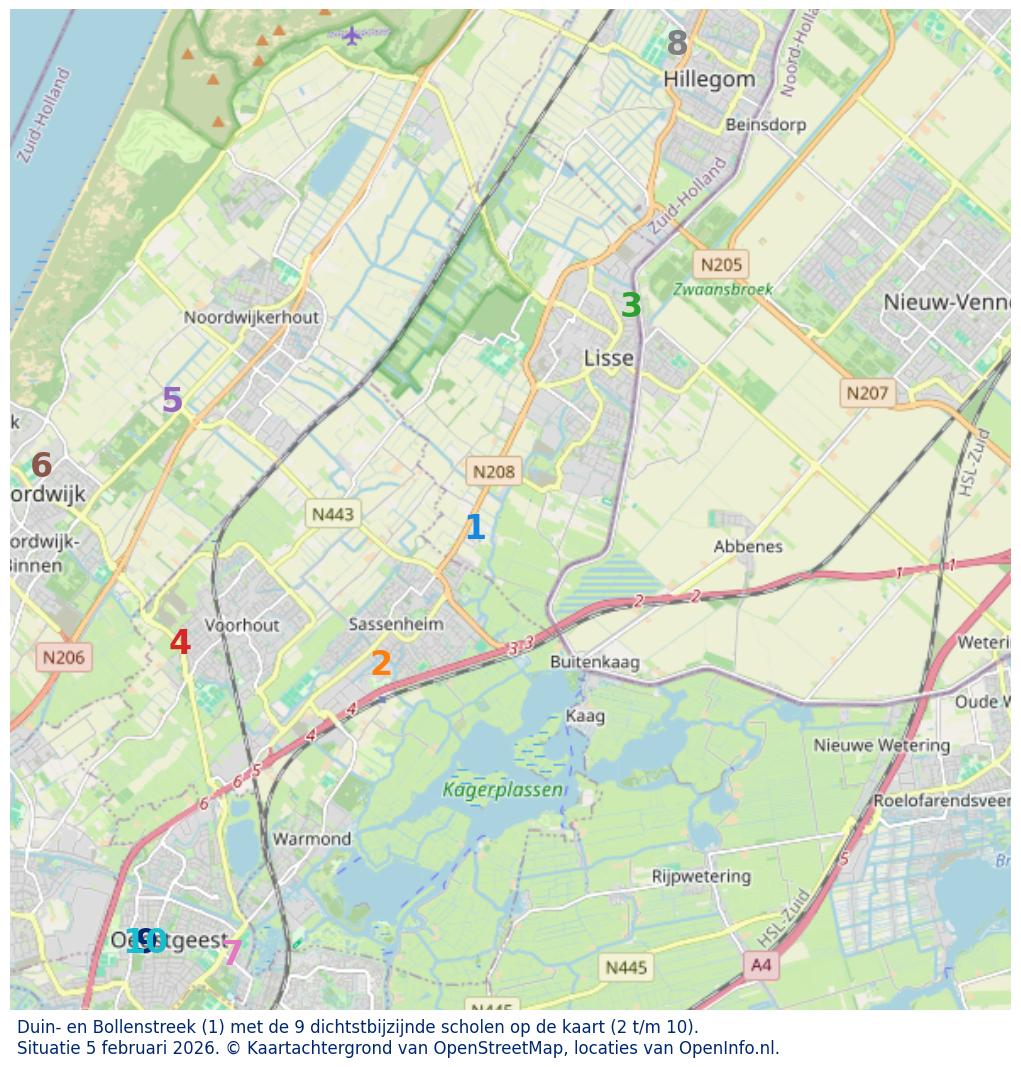 Kaart van de school met de tien dichtsbijzijnde scholen. Hierbij zijn de scholen genummerd van 1 tot en met 10. Nummer 1 is toegekend aan de schoolvestiging zelf: Duin- en Bollenstreek.
