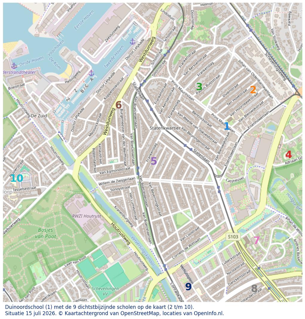 Kaart van de school met de tien dichtsbijzijnde scholen. Hierbij zijn de scholen genummerd van 1 tot en met 10. Nummer 1 is toegekend aan de schoolvestiging zelf: Duinoordschool.