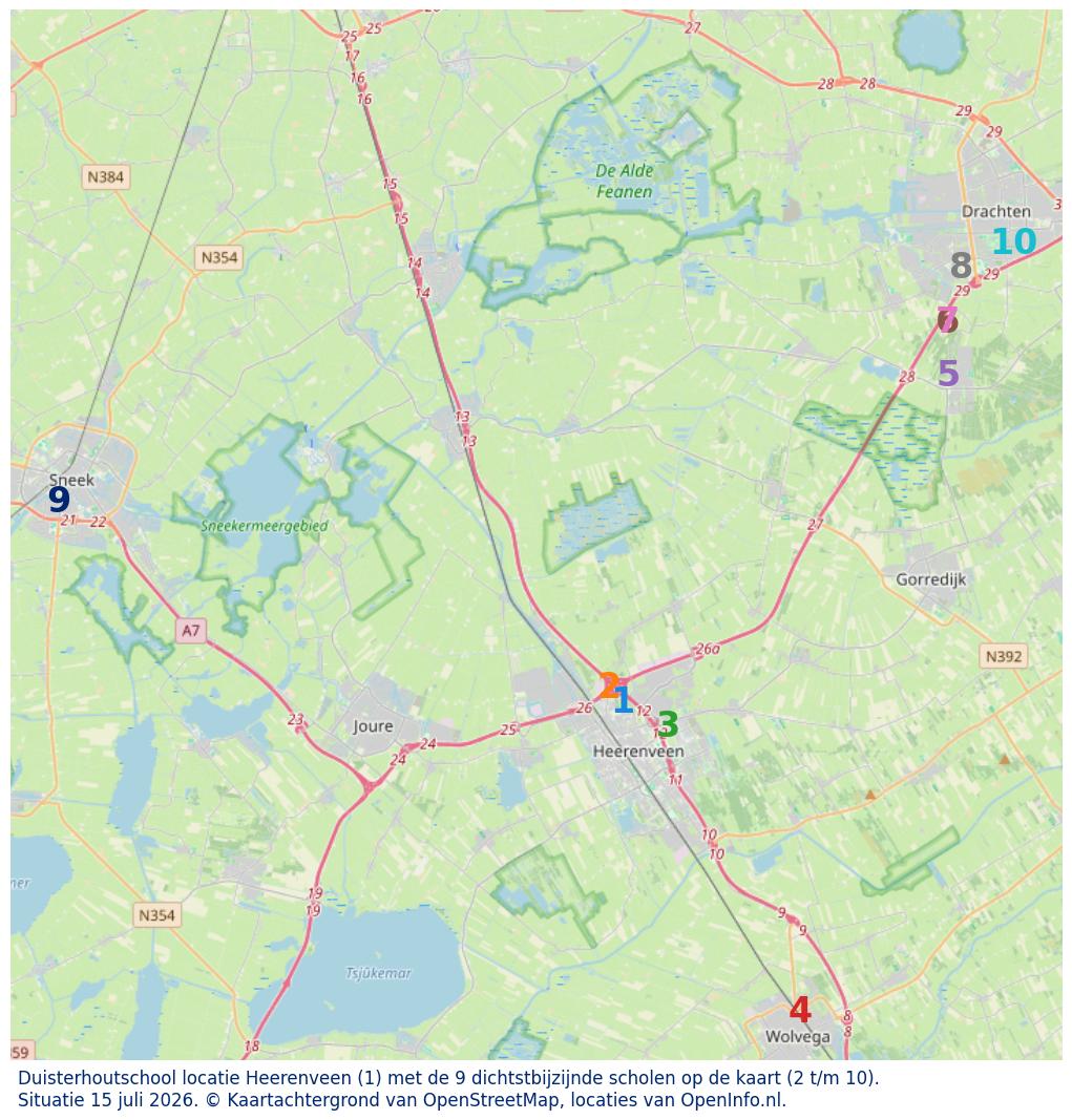Kaart van de school met de tien dichtsbijzijnde scholen. Hierbij zijn de scholen genummerd van 1 tot en met 10. Nummer 1 is toegekend aan de schoolvestiging zelf: Duisterhoutschool locatie Heerenveen.