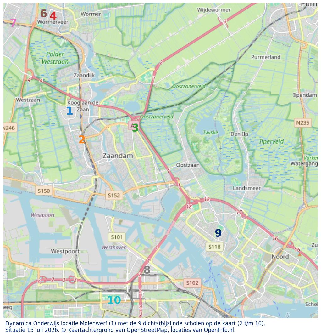 Kaart van de school met de tien dichtsbijzijnde scholen. Hierbij zijn de scholen genummerd van 1 tot en met 10. Nummer 1 is toegekend aan de schoolvestiging zelf: Dynamica Onderwijs locatie Molenwerf.