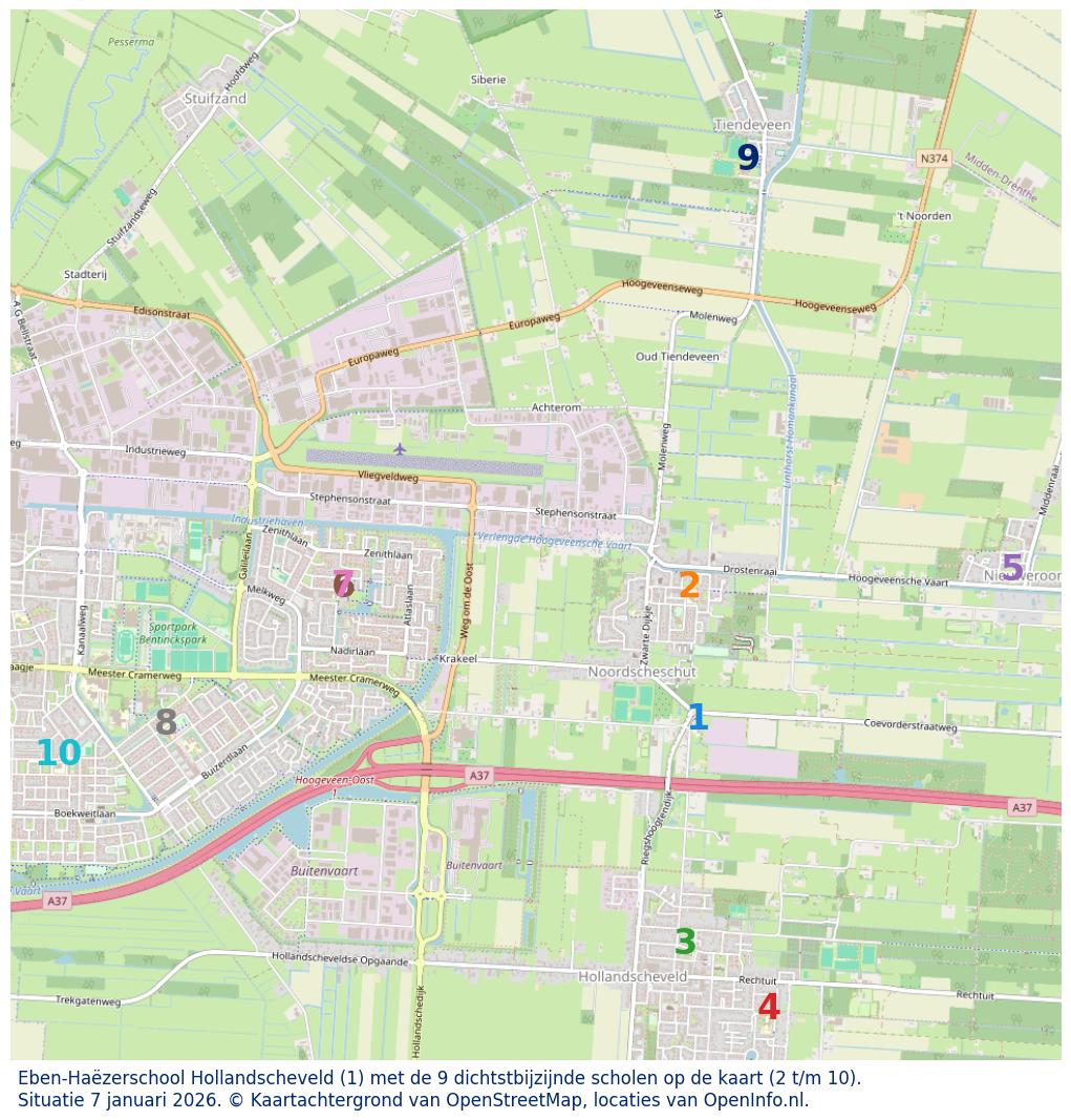 Kaart van de school met de tien dichtsbijzijnde scholen. Hierbij zijn de scholen genummerd van 1 tot en met 10. Nummer 1 is toegekend aan de schoolvestiging zelf: Eben-Haëzerschool Hollandscheveld.