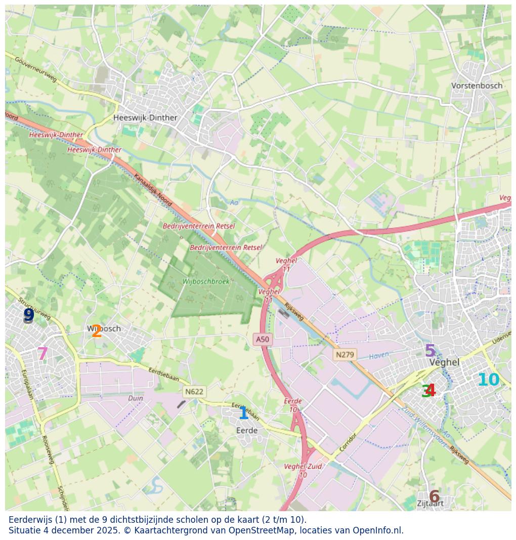 Kaart van de school met de tien dichtsbijzijnde scholen. Hierbij zijn de scholen genummerd van 1 tot en met 10. Nummer 1 is toegekend aan de schoolvestiging zelf: Eerderwijs.