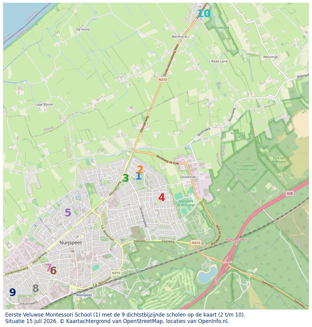 Kaart van de school met de tien dichtsbijzijnde scholen. Hierbij zijn de scholen genummerd van 1 tot en met 10. Nummer 1 is toegekend aan de schoolvestiging zelf: Eerste Veluwse Montessori School.