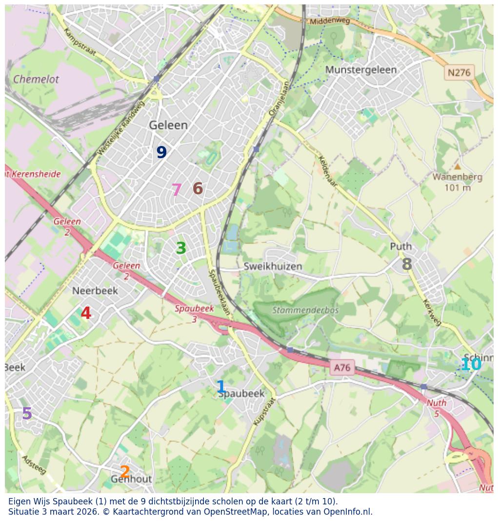 Kaart van de school met de tien dichtsbijzijnde scholen. Hierbij zijn de scholen genummerd van 1 tot en met 10. Nummer 1 is toegekend aan de schoolvestiging zelf: Eigen Wijs Spaubeek.