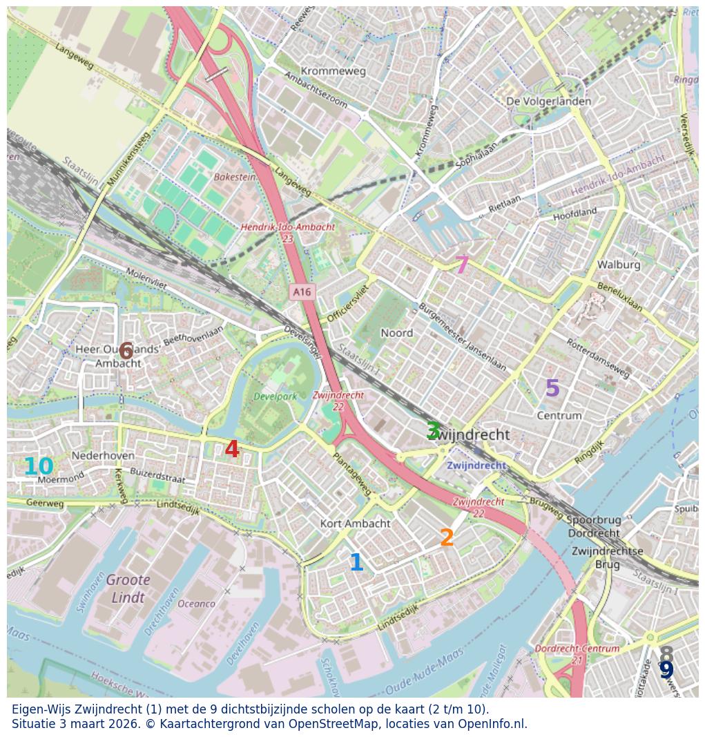 Kaart van de school met de tien dichtsbijzijnde scholen. Hierbij zijn de scholen genummerd van 1 tot en met 10. Nummer 1 is toegekend aan de schoolvestiging zelf: Eigen-Wijs Zwijndrecht.