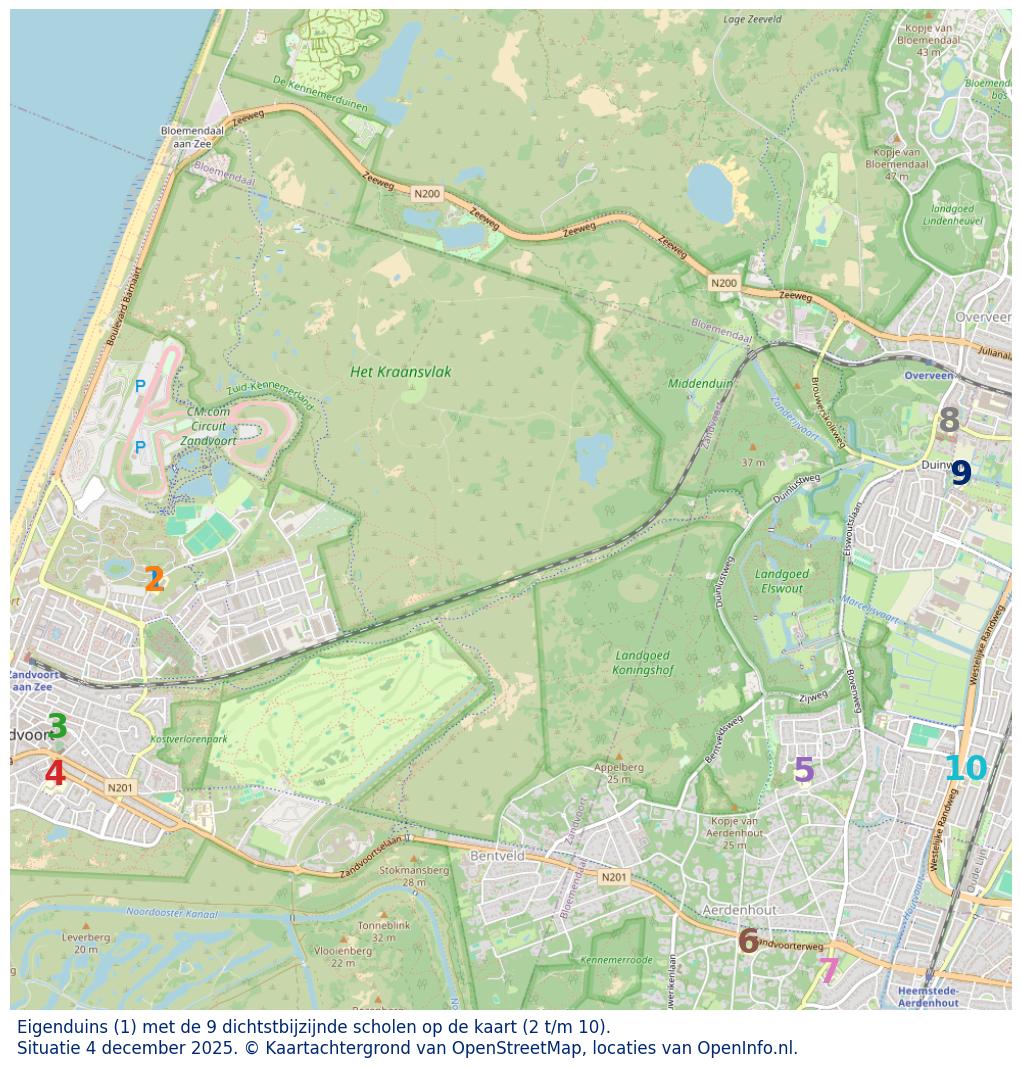 Kaart van de school met de tien dichtsbijzijnde scholen. Hierbij zijn de scholen genummerd van 1 tot en met 10. Nummer 1 is toegekend aan de schoolvestiging zelf: Eigenduins.