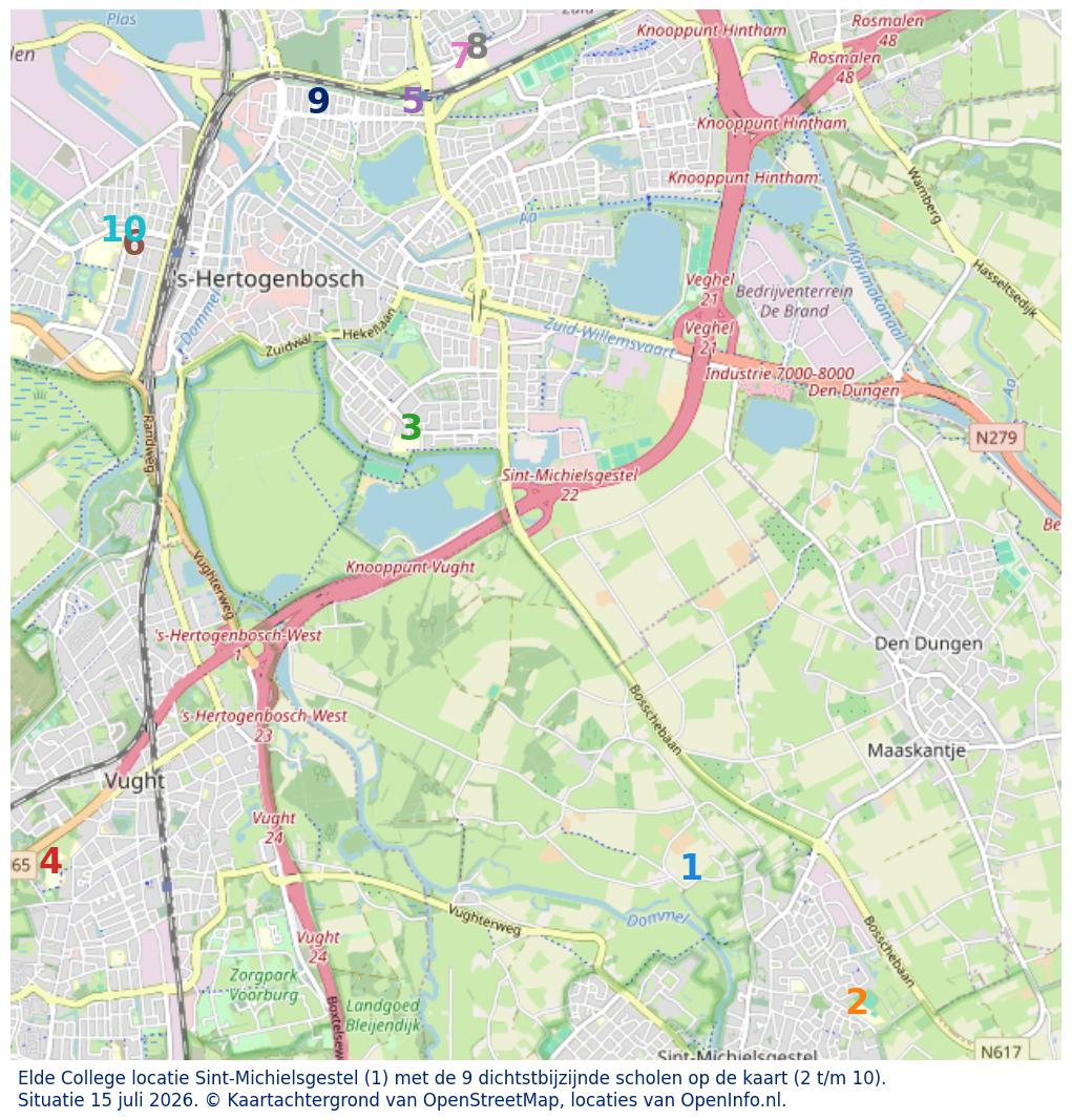 Kaart van de school met de tien dichtsbijzijnde scholen. Hierbij zijn de scholen genummerd van 1 tot en met 10. Nummer 1 is toegekend aan de schoolvestiging zelf: Elde College locatie Sint-Michielsgestel.