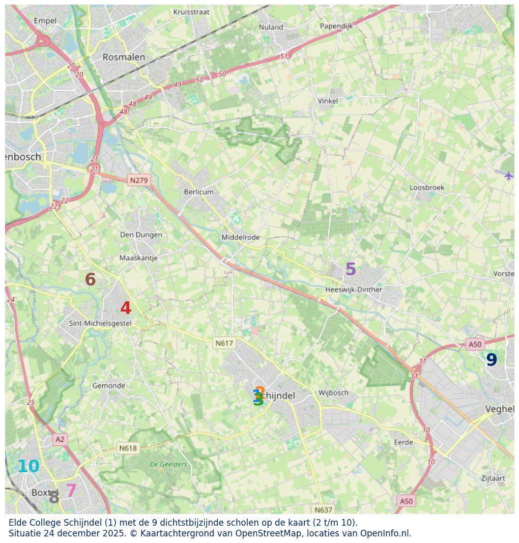 Kaart van de school met de tien dichtsbijzijnde scholen. Hierbij zijn de scholen genummerd van 1 tot en met 10. Nummer 1 is toegekend aan de schoolvestiging zelf: Elde College Schijndel.