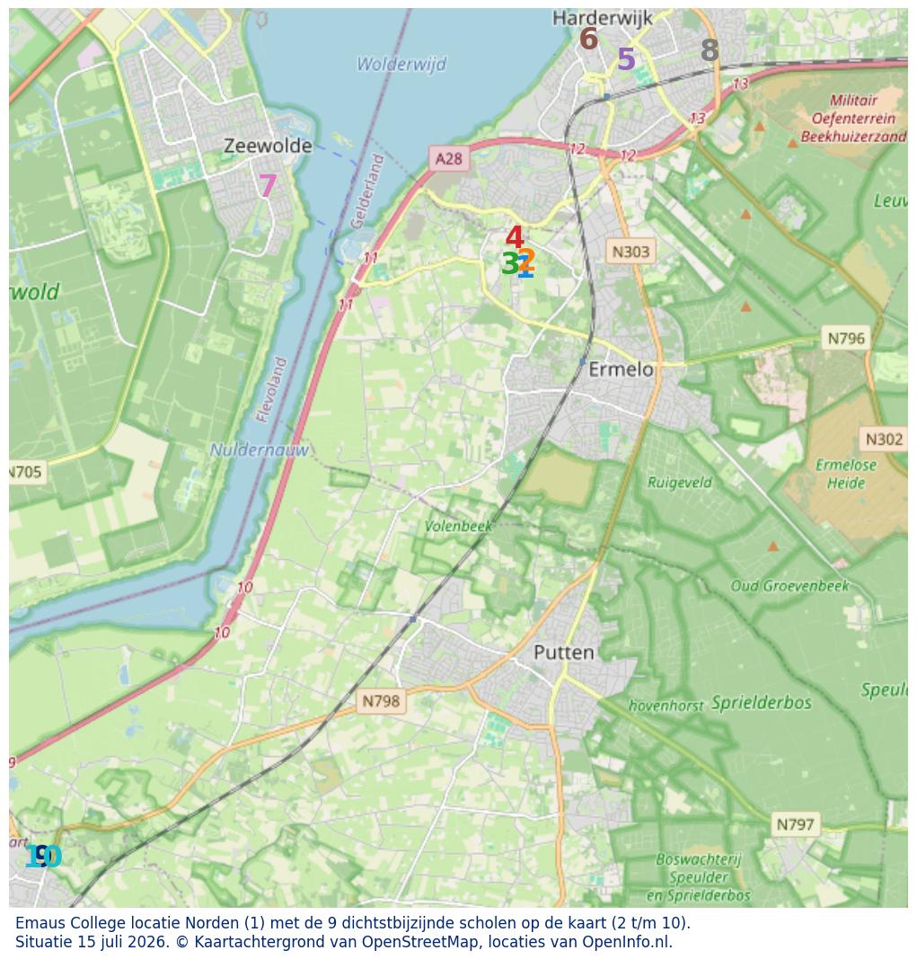 Kaart van de school met de tien dichtsbijzijnde scholen. Hierbij zijn de scholen genummerd van 1 tot en met 10. Nummer 1 is toegekend aan de schoolvestiging zelf: Emaus College locatie Norden.