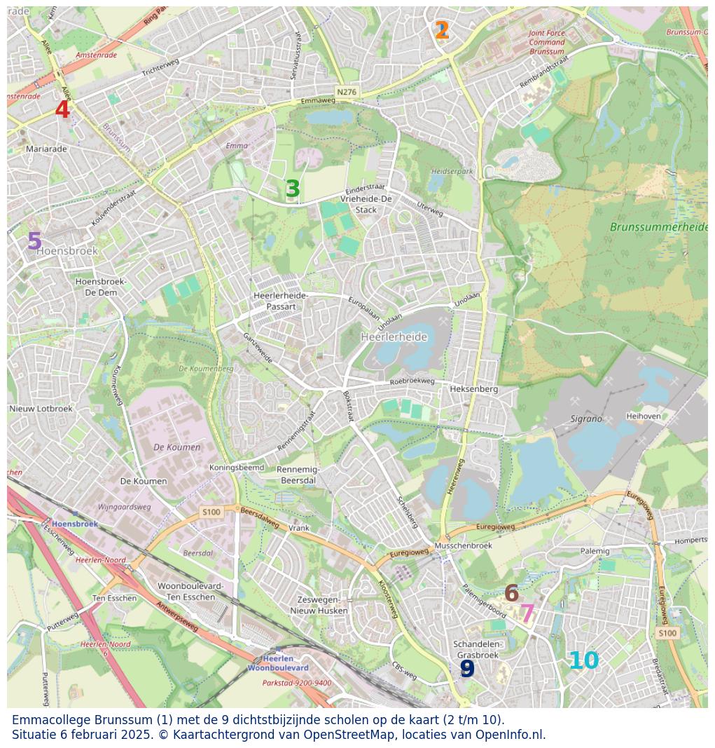Kaart van de school met de tien dichtsbijzijnde scholen. Hierbij zijn de scholen genummerd van 1 tot en met 10. Nummer 1 is toegekend aan de schoolvestiging zelf: Emmacollege Brunssum.