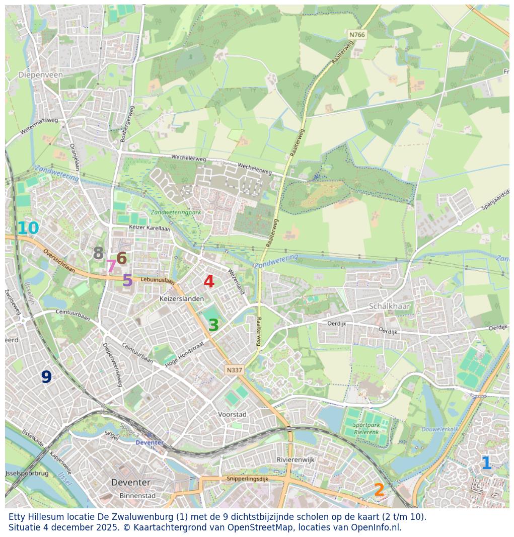 Kaart van de school met de tien dichtsbijzijnde scholen. Hierbij zijn de scholen genummerd van 1 tot en met 10. Nummer 1 is toegekend aan de schoolvestiging zelf: Etty Hillesum locatie De Zwaluwenburg.