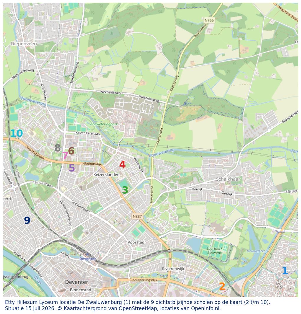 Kaart van de school met de tien dichtsbijzijnde scholen. Hierbij zijn de scholen genummerd van 1 tot en met 10. Nummer 1 is toegekend aan de schoolvestiging zelf: Etty Hillesum Lyceum locatie De Zwaluwenburg.