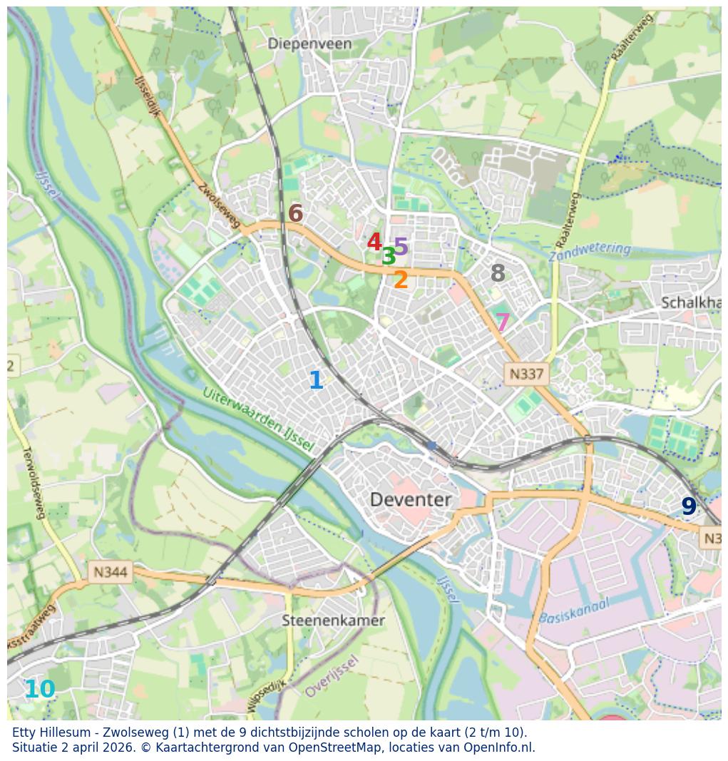 Kaart van de school met de tien dichtsbijzijnde scholen. Hierbij zijn de scholen genummerd van 1 tot en met 10. Nummer 1 is toegekend aan de schoolvestiging zelf: Etty Hillesum - Zwolseweg.