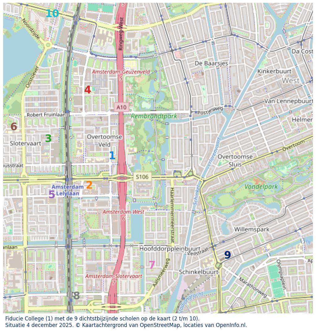 Kaart van de school met de tien dichtsbijzijnde scholen. Hierbij zijn de scholen genummerd van 1 tot en met 10. Nummer 1 is toegekend aan de schoolvestiging zelf: Fiducie College.