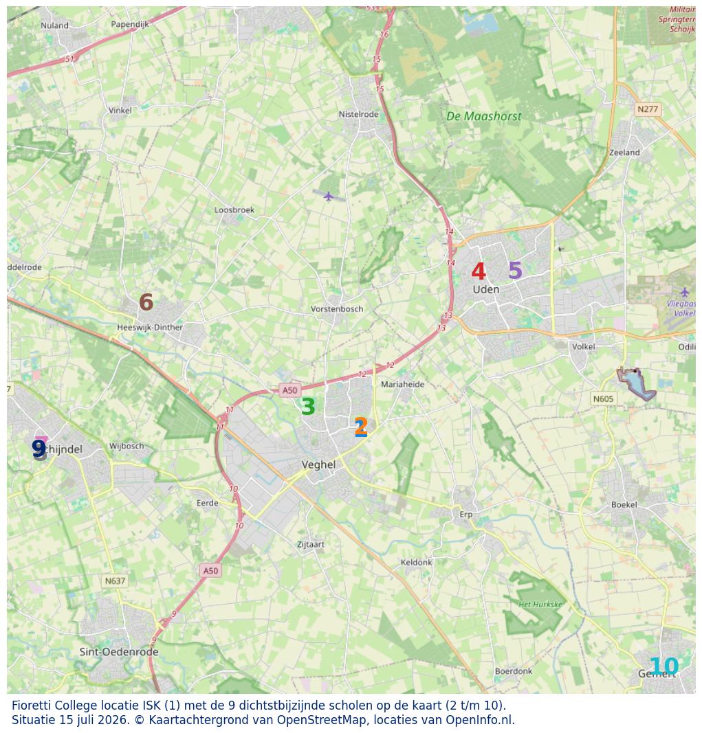 Kaart van de school met de tien dichtsbijzijnde scholen. Hierbij zijn de scholen genummerd van 1 tot en met 10. Nummer 1 is toegekend aan de schoolvestiging zelf: Fioretti College locatie ISK.