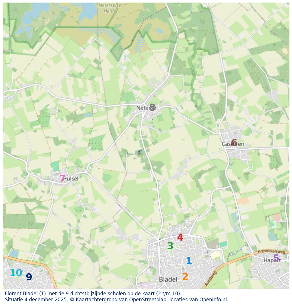 Kaart van de school met de tien dichtsbijzijnde scholen. Hierbij zijn de scholen genummerd van 1 tot en met 10. Nummer 1 is toegekend aan de schoolvestiging zelf: Florent Bladel.