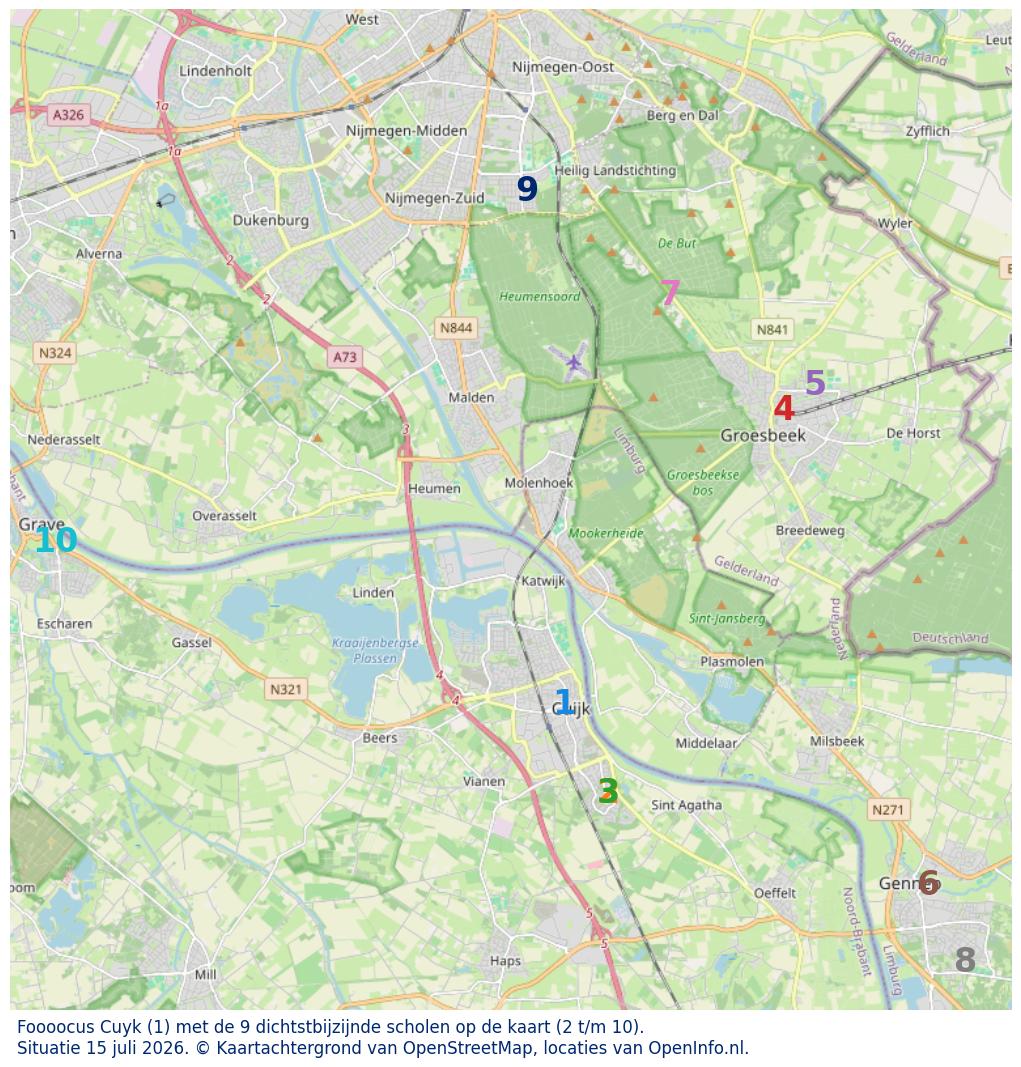 Kaart van de school met de tien dichtsbijzijnde scholen. Hierbij zijn de scholen genummerd van 1 tot en met 10. Nummer 1 is toegekend aan de schoolvestiging zelf: Foooocus Cuyk.