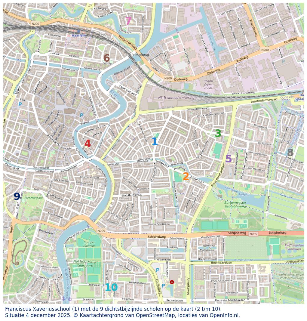 Kaart van de school met de tien dichtsbijzijnde scholen. Hierbij zijn de scholen genummerd van 1 tot en met 10. Nummer 1 is toegekend aan de schoolvestiging zelf: Franciscus Xaveriusschool.