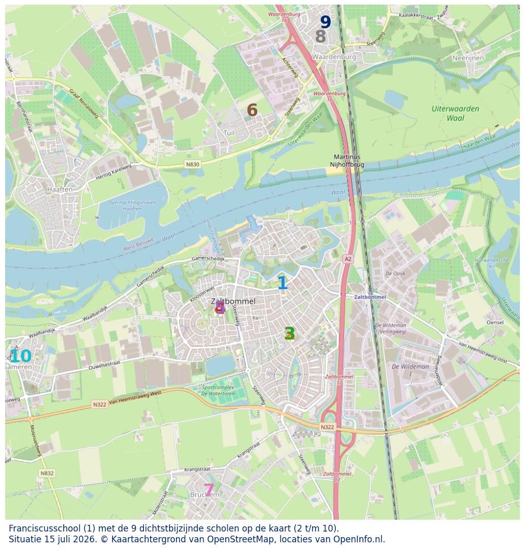 Kaart van de school met de tien dichtsbijzijnde scholen. Hierbij zijn de scholen genummerd van 1 tot en met 10. Nummer 1 is toegekend aan de schoolvestiging zelf: Franciscusschool.