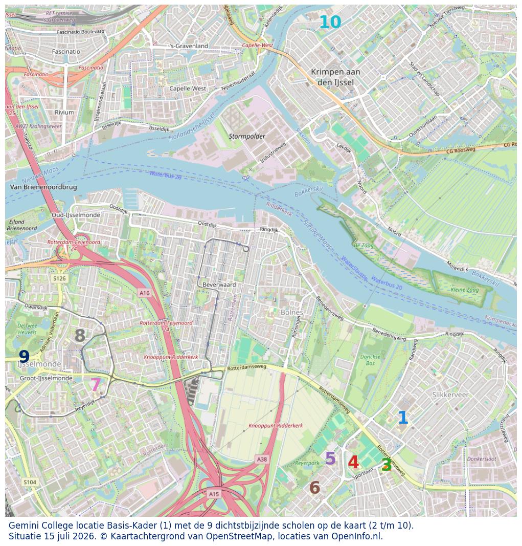 Kaart van de school met de tien dichtsbijzijnde scholen. Hierbij zijn de scholen genummerd van 1 tot en met 10. Nummer 1 is toegekend aan de schoolvestiging zelf: Gemini College locatie Basis-Kader.