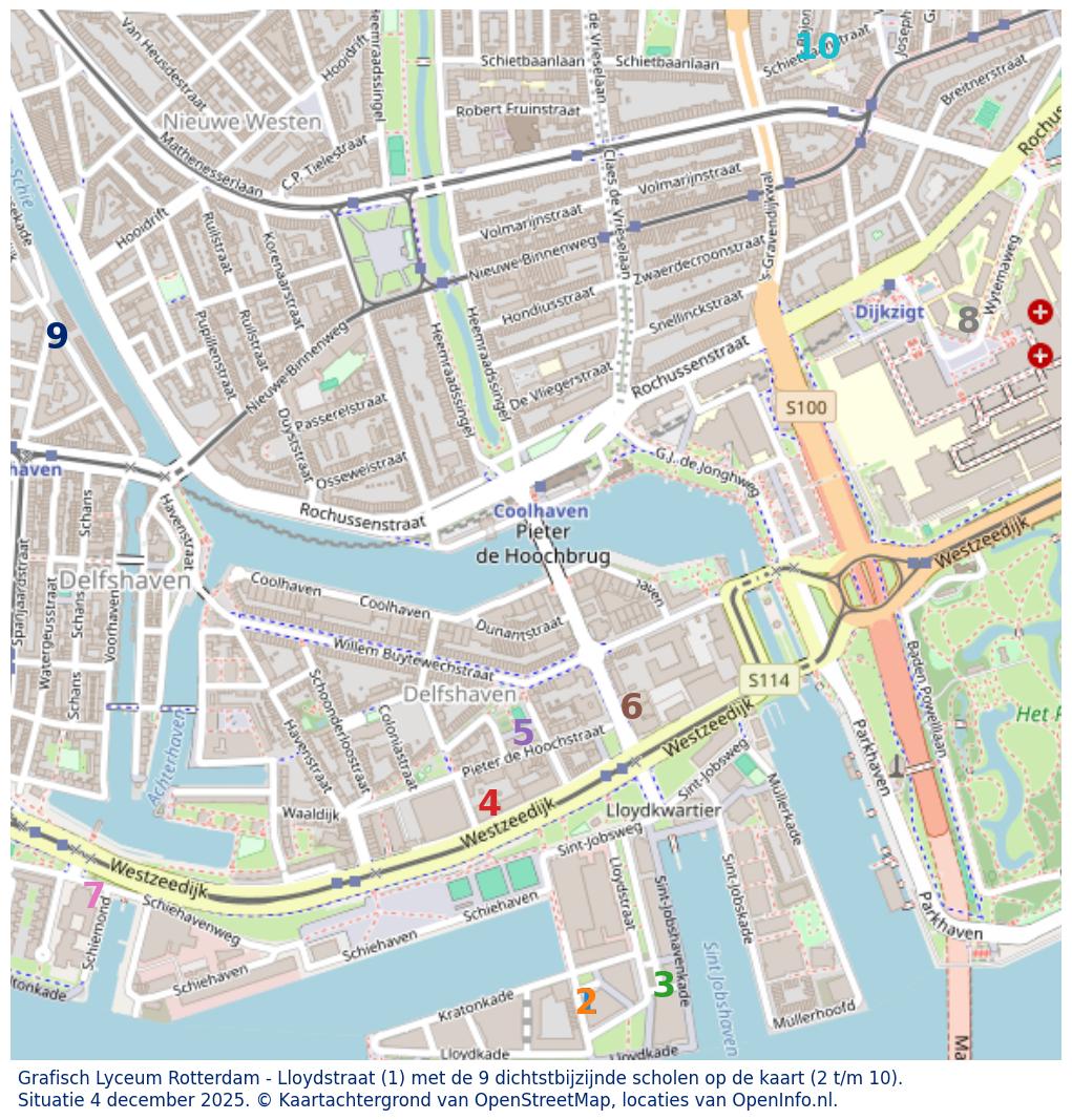Kaart van de school met de tien dichtsbijzijnde scholen. Hierbij zijn de scholen genummerd van 1 tot en met 10. Nummer 1 is toegekend aan de schoolvestiging zelf: Grafisch Lyceum Rotterdam - Lloydstraat.