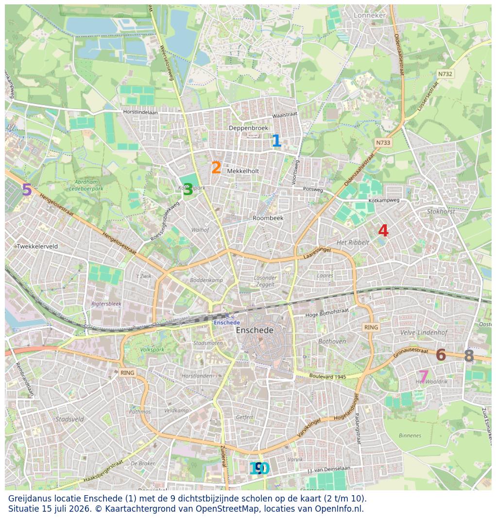 Kaart van de school met de tien dichtsbijzijnde scholen. Hierbij zijn de scholen genummerd van 1 tot en met 10. Nummer 1 is toegekend aan de schoolvestiging zelf: Greijdanus locatie Enschede.