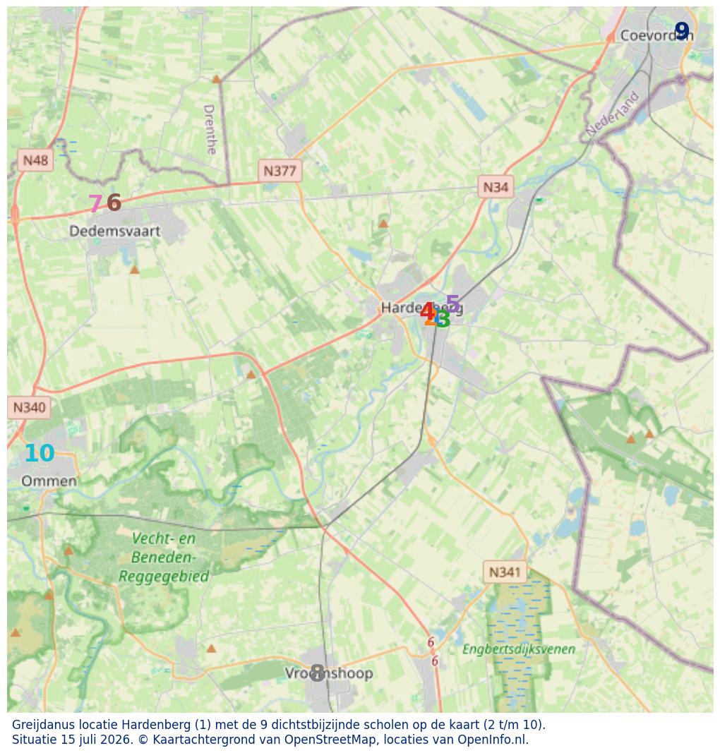 Kaart van de school met de tien dichtsbijzijnde scholen. Hierbij zijn de scholen genummerd van 1 tot en met 10. Nummer 1 is toegekend aan de schoolvestiging zelf: Greijdanus locatie Hardenberg.