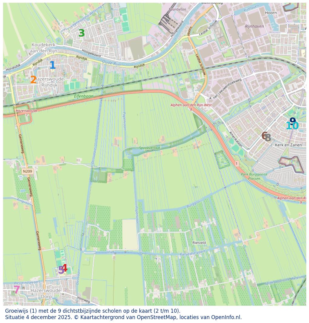 Kaart van de school met de tien dichtsbijzijnde scholen. Hierbij zijn de scholen genummerd van 1 tot en met 10. Nummer 1 is toegekend aan de schoolvestiging zelf: Groeiwijs.