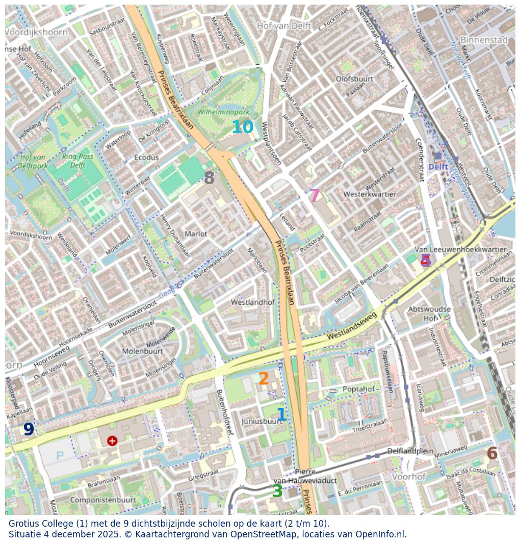 Kaart van de school met de tien dichtsbijzijnde scholen. Hierbij zijn de scholen genummerd van 1 tot en met 10. Nummer 1 is toegekend aan de schoolvestiging zelf: Grotius College.